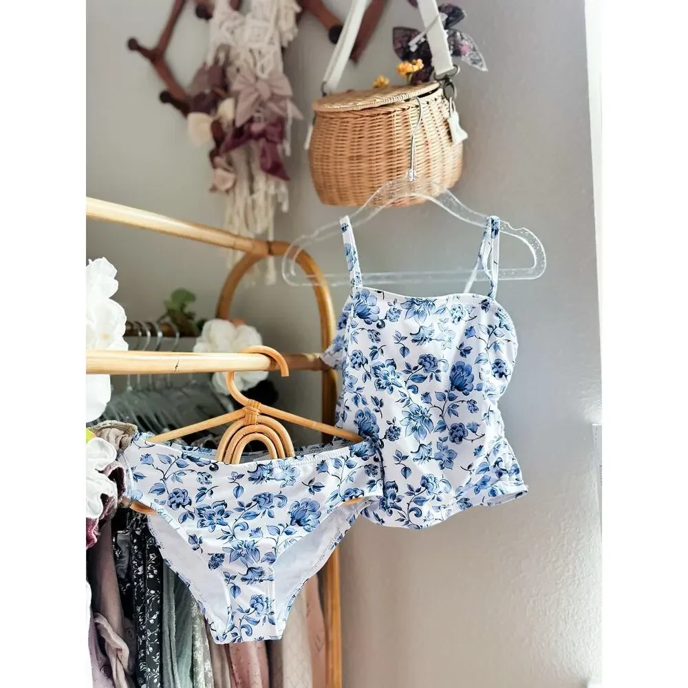 Porcelain Petals & Meadow Whispers cottagecore garden 2pc tankini swimsuit 8yrs